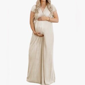 Elegant Maternity Champagne Metallic Pleated Maxi Dress, Size S, Shimmery, Lined